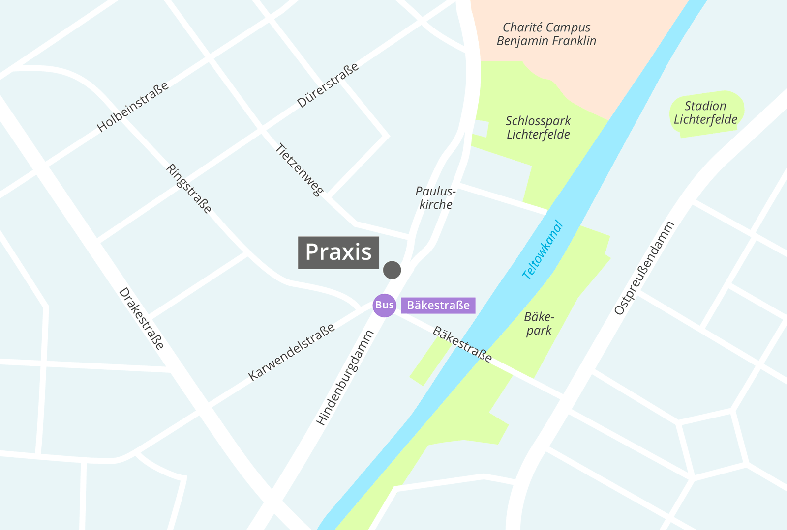 Lageplan zur Zahnarztpraxis Dr. Neumann in Berlin-Steglitz am Hindenburgdamm nahe des Charité Campus Benjamin Franklin mit Bushaltestelle Bäkestraße nahe der Praxis
